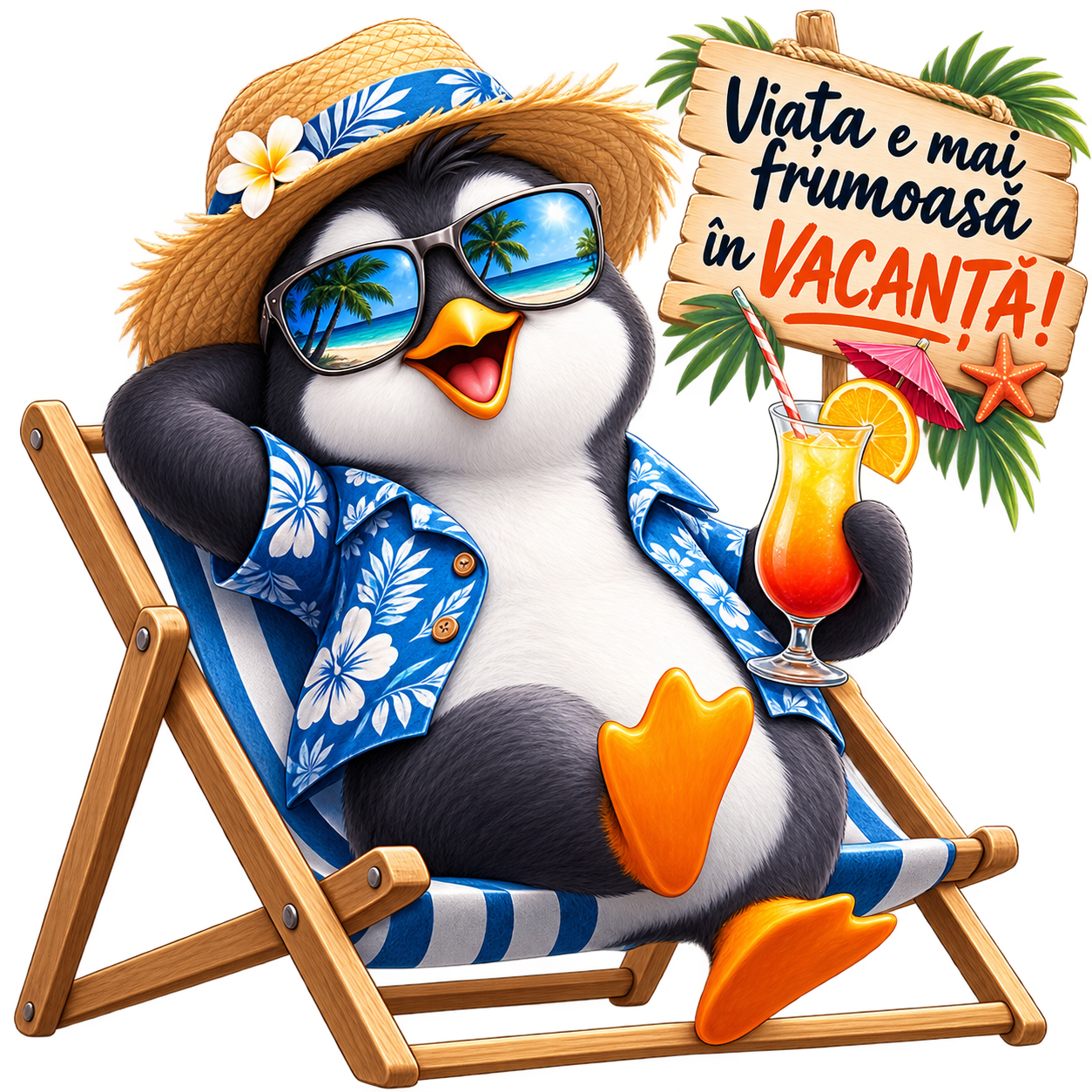 Pinguin in vacanta cu mesajul Viata e mai frumoasa in vacanta
