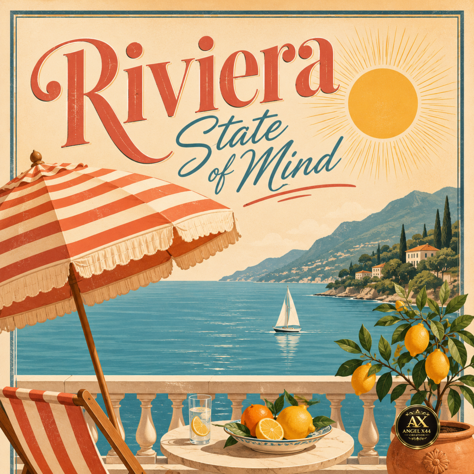 Poster Riviera State of Mind cu atmosferă mediteraneană retro