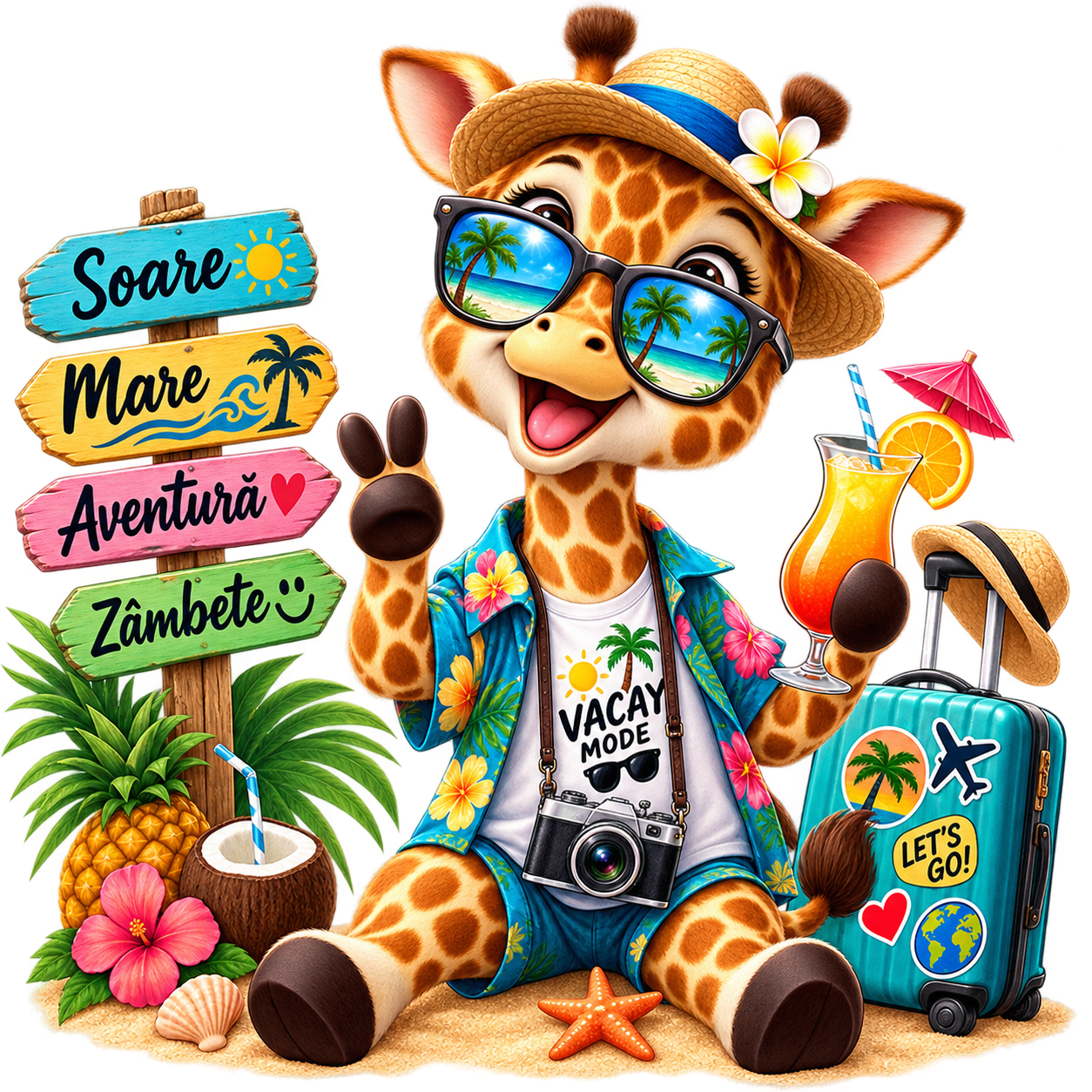 Girafa in vacanta cu mesajul Soare mare aventura zambete