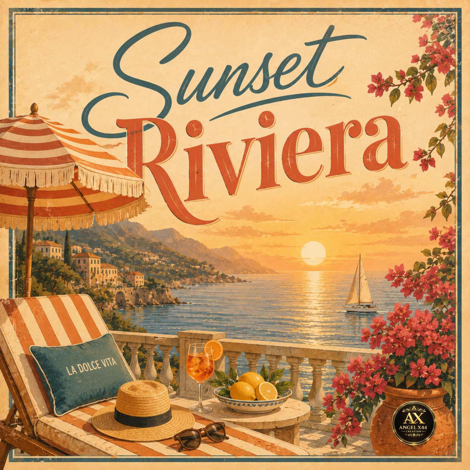 Poster retro Sunset Riviera cu apus și atmosferă mediteraneană