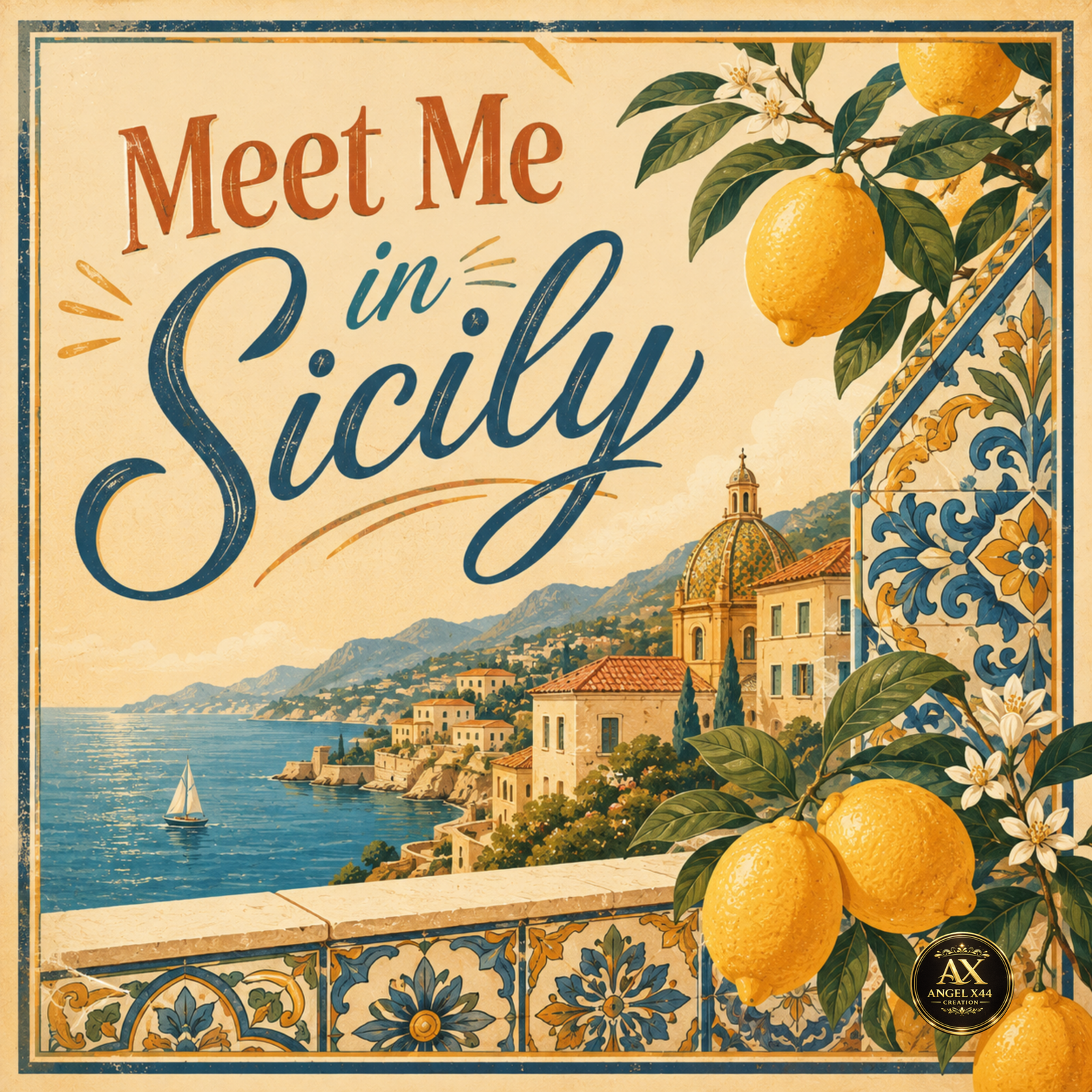Poster retro Meet Me in Sicily inspirat de Sicilia și vacanțele italiene
