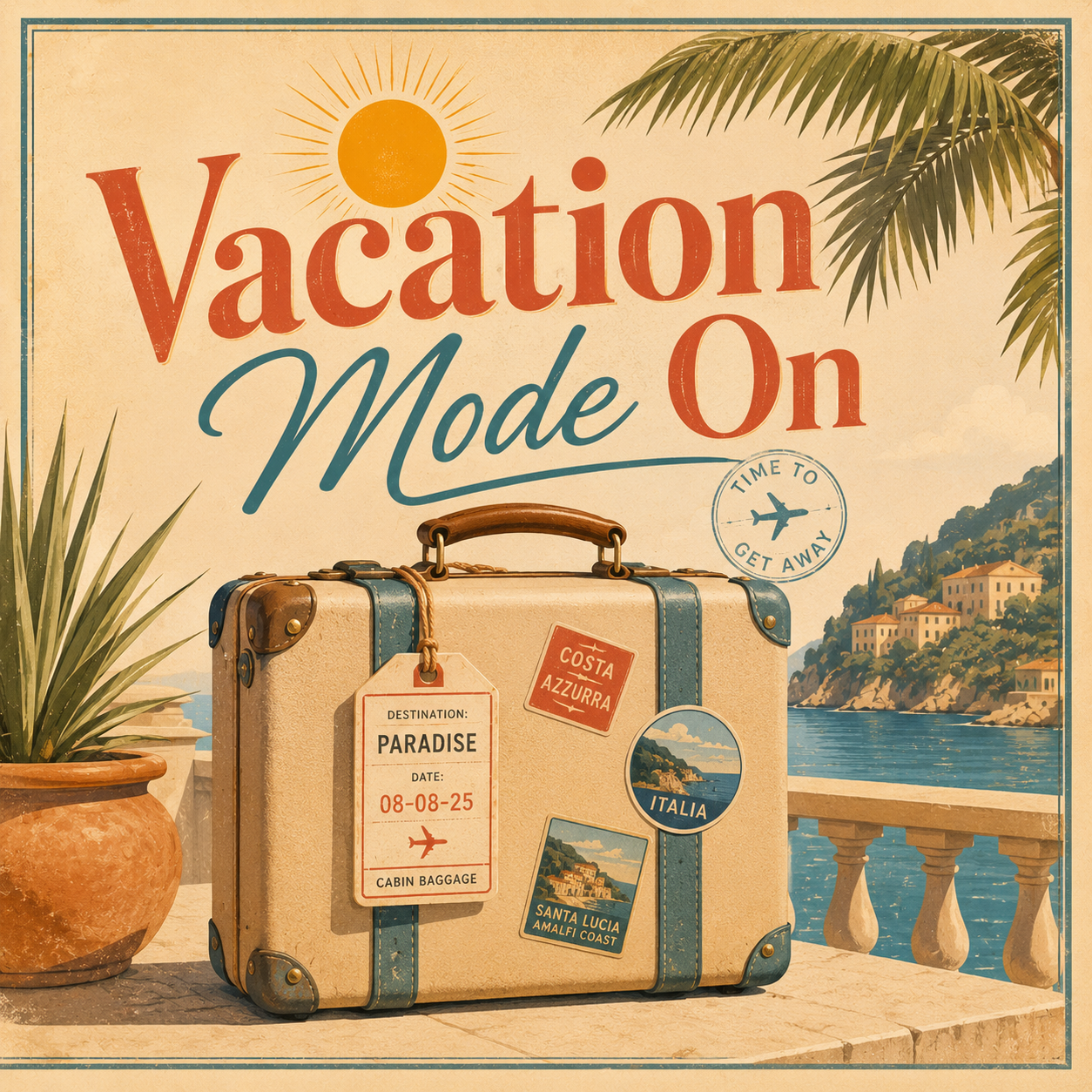 Poster Vacation Mode On cu valiză vintage și elemente de călătorie