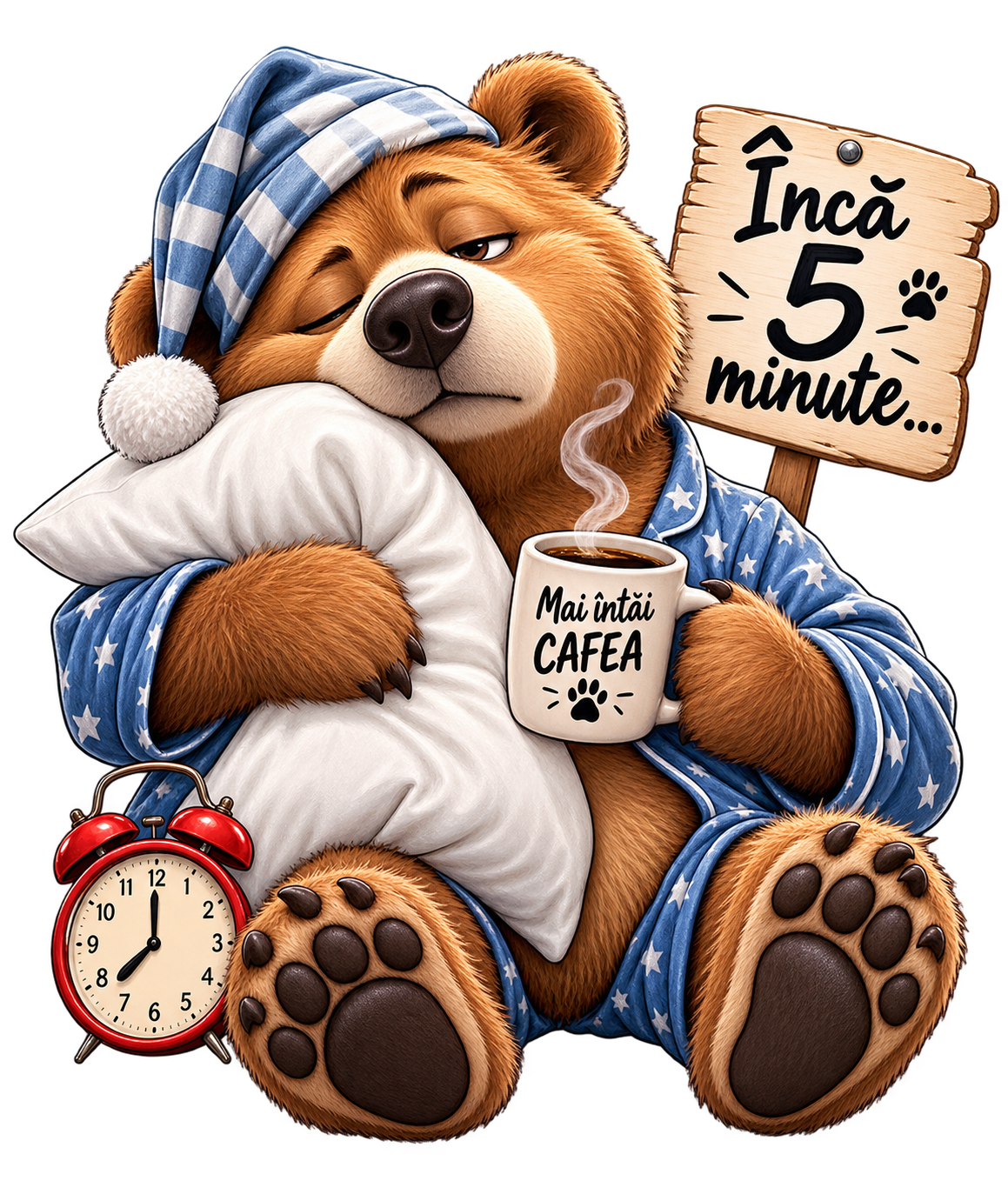 Urs somnoros cu mesajul Inca 5 minute