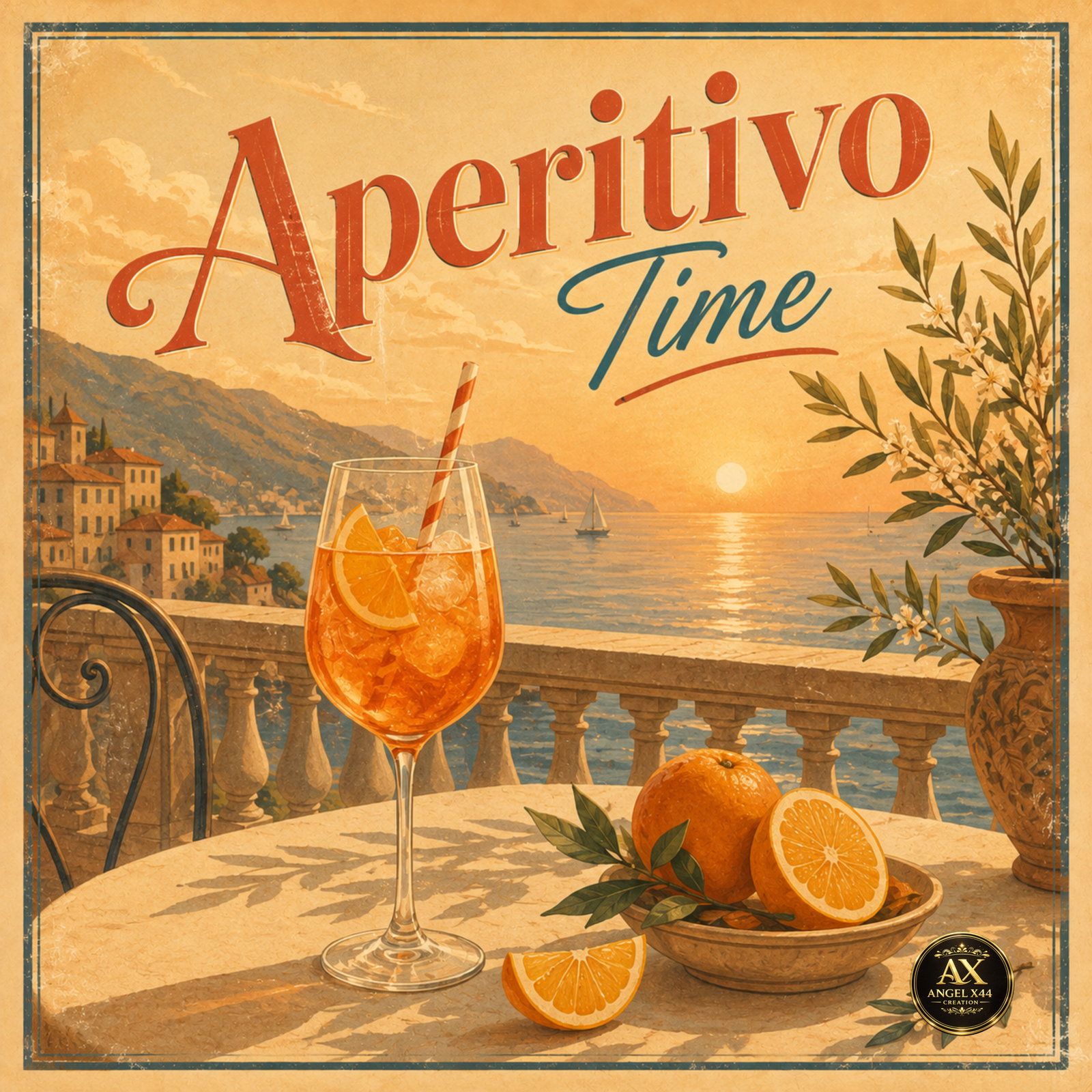 Poster retro Aperitivo Time inspirat de serile mediteraneene