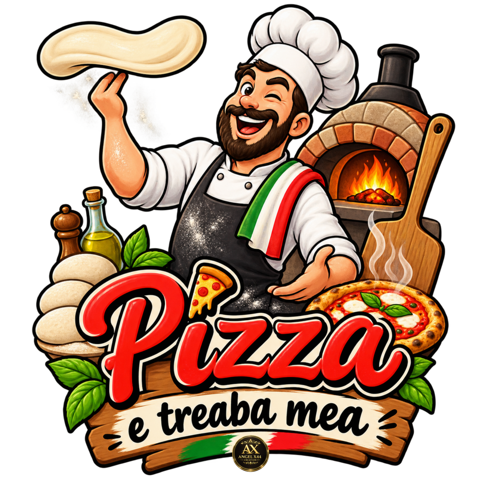 Bucatar vesel cu mesajul Pizza e treaba mea