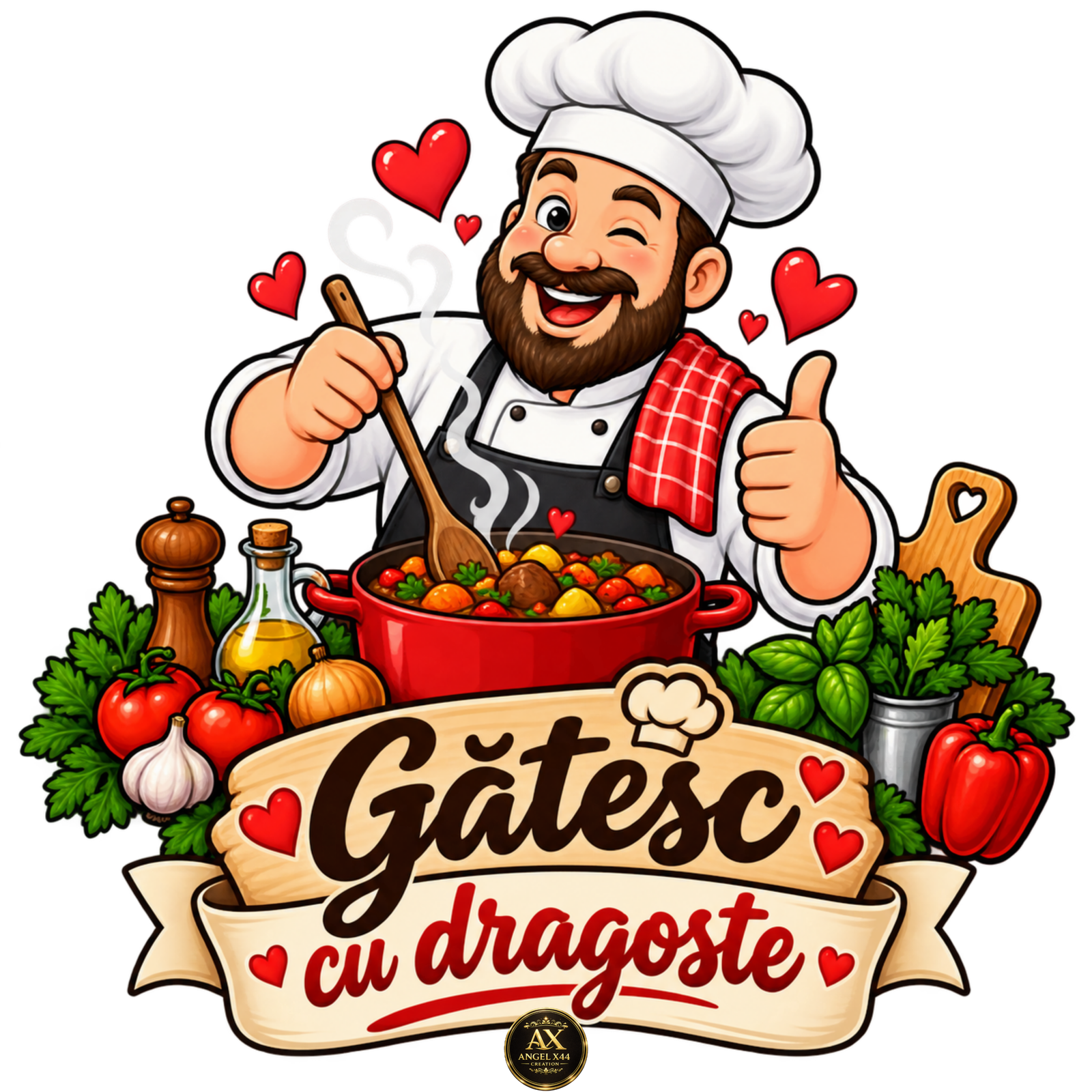 Bucatar vesel cu mesajul Gatesc cu dragoste