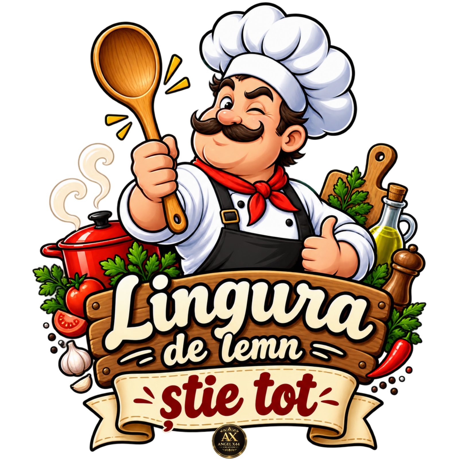 Bucatar cu lingura de lemn si mesajul Lingura de lemn stie tot