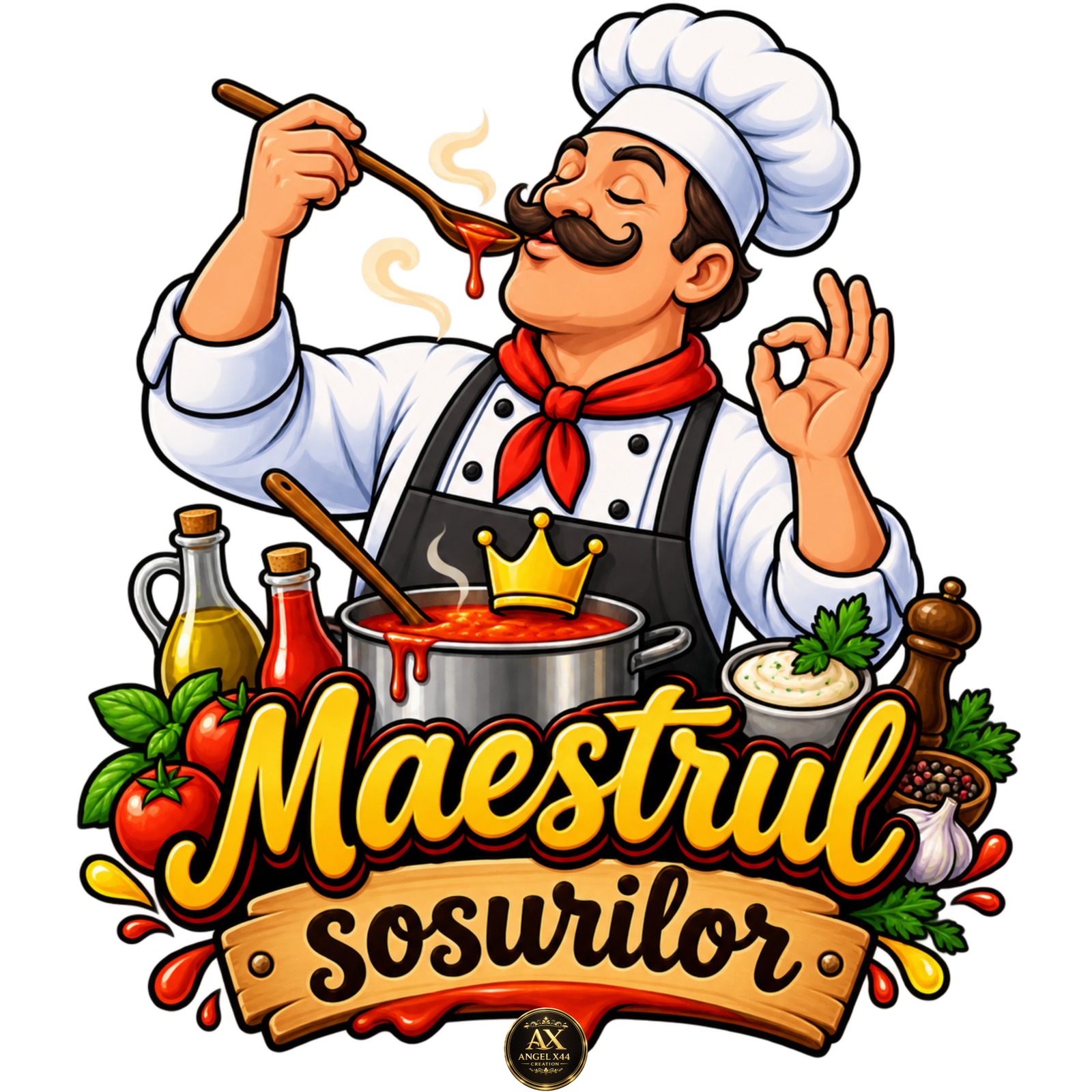 Bucatar degustand sos cu mesajul Maestrul sosurilor