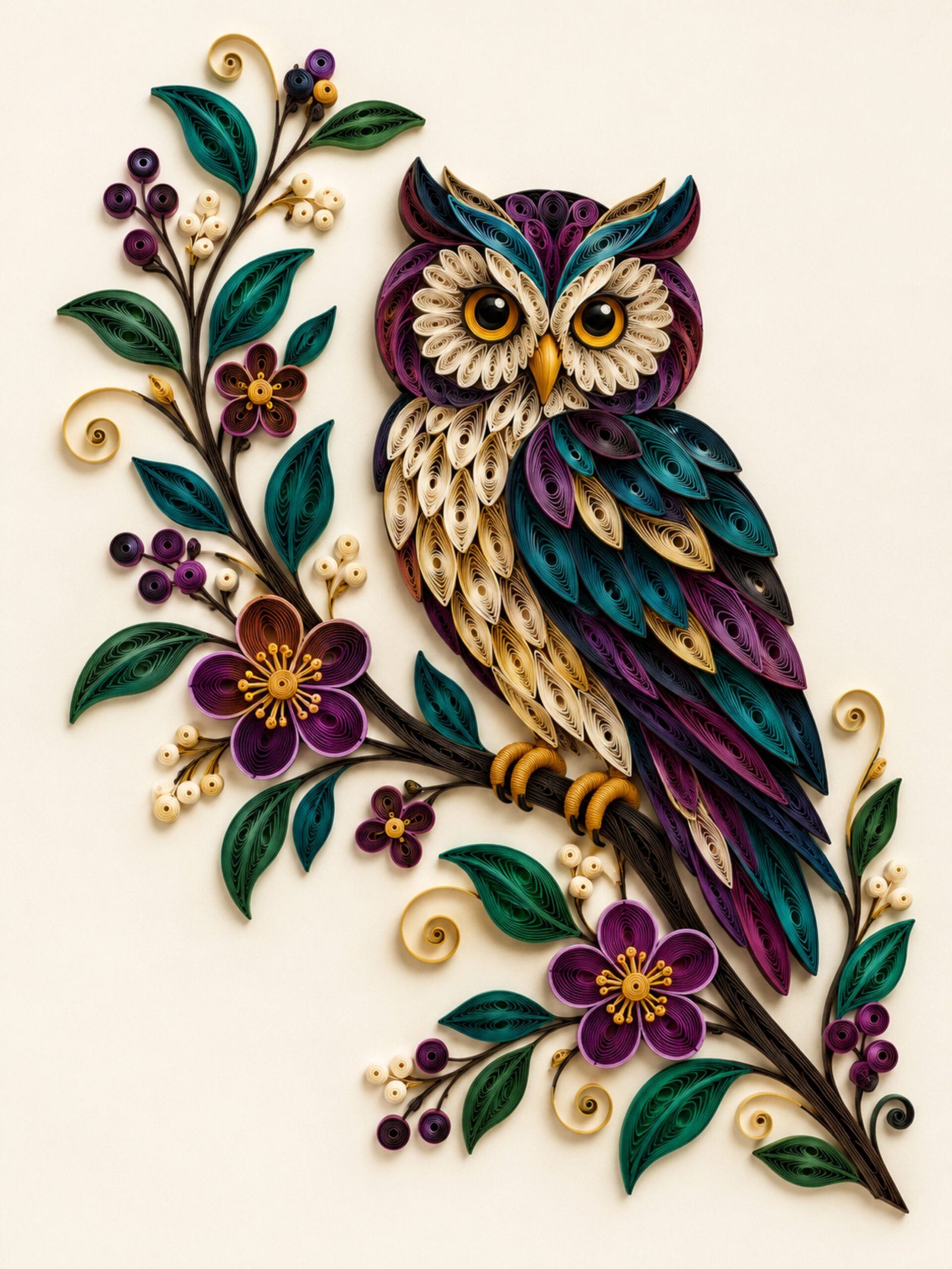 Paznicul nopții – tablou cu bufniță în stil quilling Tablou decorativ cu bufniță colorată și flori, creație digitală inspirată de tehnica quilling