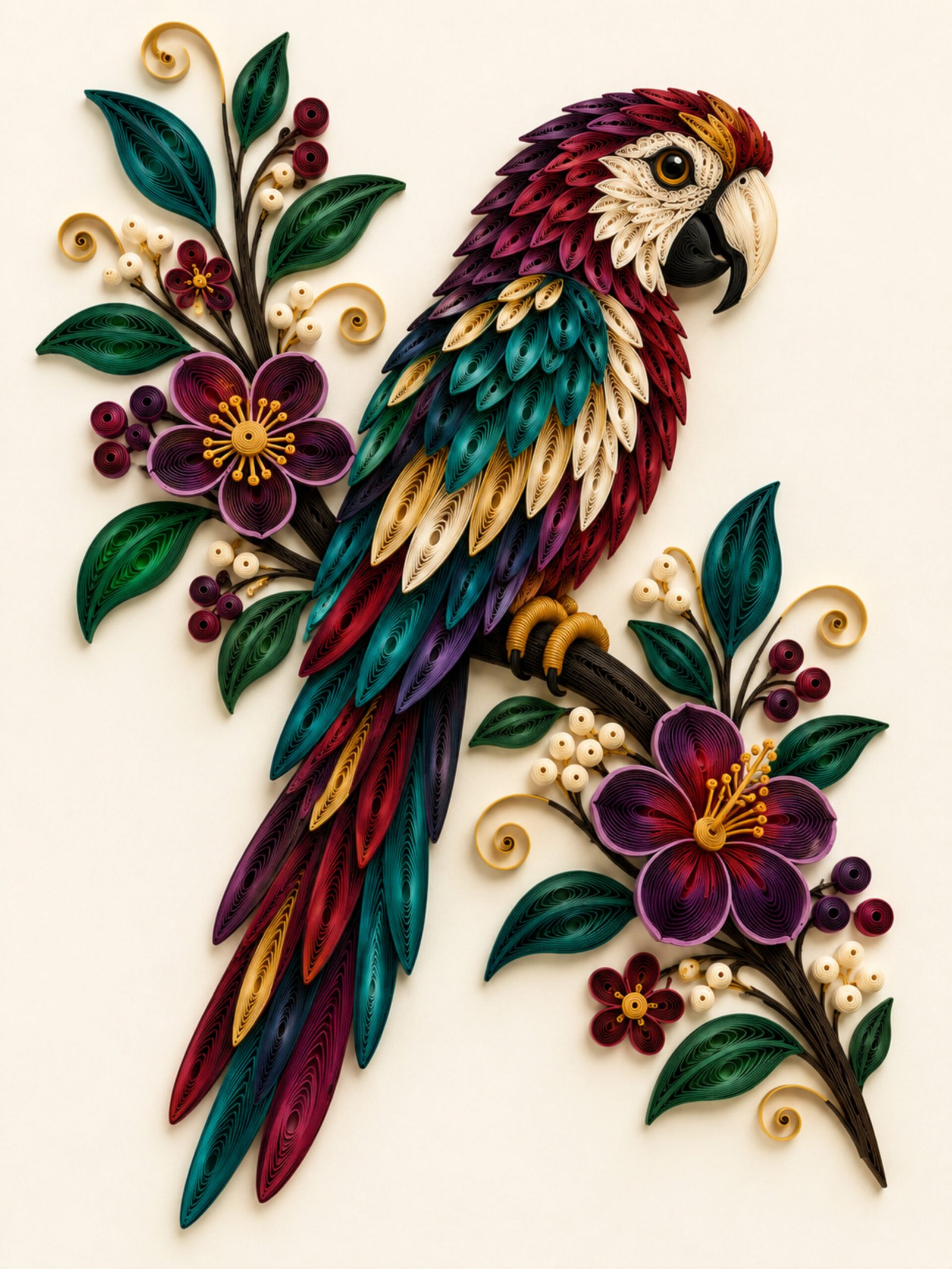 Ecoul paradisului – tablou cu papagal în stil quilling Tablou decorativ cu papagal multicolor și flori, creație digitală inspirată de tehnica quilling