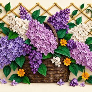 Tablou floral quilling cu liliac mov și alb într-un coș împletit