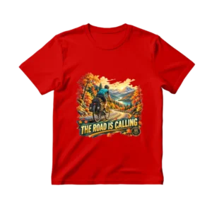 Tricou bărbătesc roșu cu biciclist și mesajul The Road Is Calling