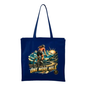 Geantă tote albastră cu design One More Mile și ciclistă pe drum montan