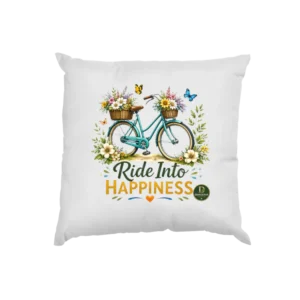 Pernă albă decorativă cu bicicletă, flori și mesajul Ride Into Happiness
