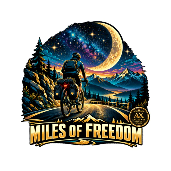Design Miles of Freedom pentru bicicliști Design cu biciclist pe drum montan sub lună și mesajul Miles of Freedom