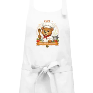 Șorț alb de bucătărie cu ursuleț bucătar și mesajul Made with Passion