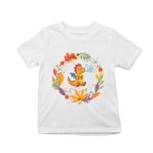 Tricou alb pentru copii cu dragon simpatic și frunze de toamnă