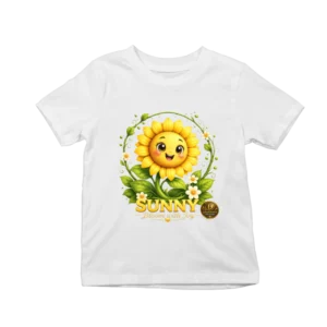 Tricou alb pentru copii cu floarea-soarelui și mesajul Sunny