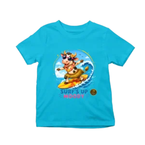 Tricou turcoaz pentru copii cu văcuță haioasă pe placa de surf