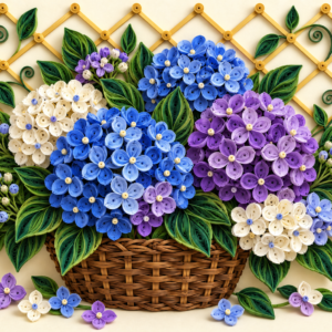 Tablou quilling cu hortensii albastre, mov și albe într-un coș