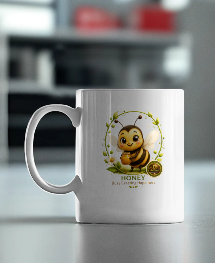 Cană Honey cu albinuță prezentată în decor Cană albă cu albinuță, miere și mesajul Busy Creating Happiness