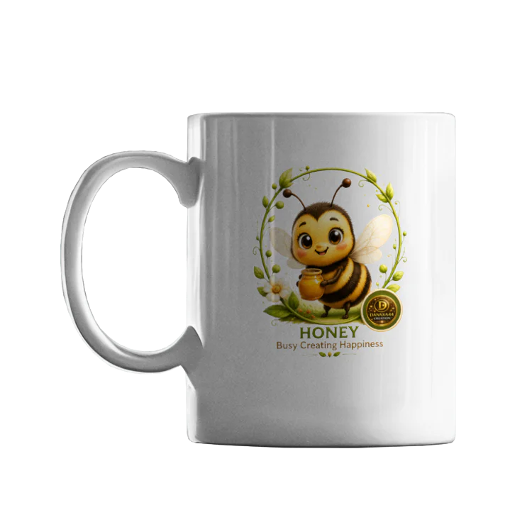 Cană Honey cu albinuță – Busy Creating Happiness Cană albă cu albinuță, miere și mesajul Busy Creating Happiness