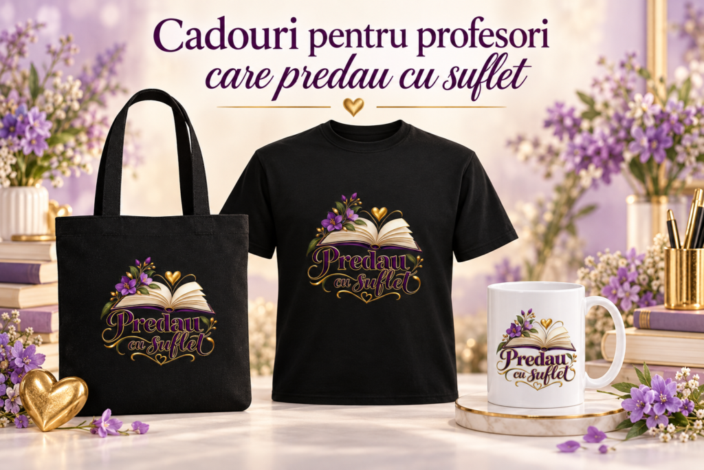 Cană, tricou și sacoșă cu designul Predau cu suflet – cadouri pentru profesori
