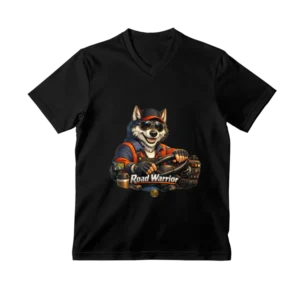 Tricou negru cu decolteu în V și imprimeu Road Warrior