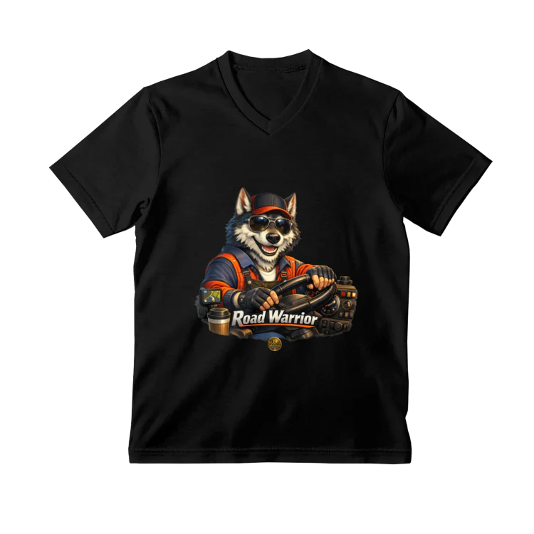 Tricou negru pentru șoferi – Road Warrior Tricou negru cu decolteu în V și imprimeu Road Warrior